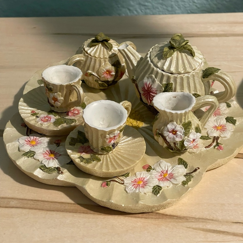 Mini Resin Floral Tea Set with Cups and Saucers